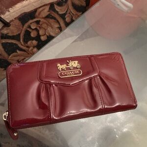 Authentic Coach Patent Leather Zip Wallet - Wine